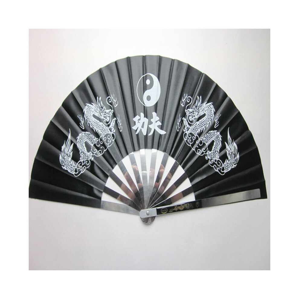 (Black) Foldable Stainless Steel Tai Chi Martial Arts Kung Fu Fan Dance Pratice Performance Black 413590972570