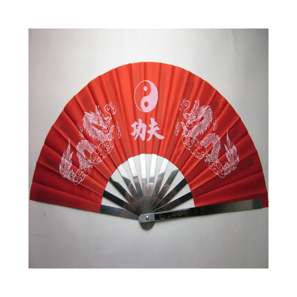 (Red) Foldable Stainless Steel Tai Chi Martial Arts Kung Fu Fan Dance Pratice Performance Red 413590972556