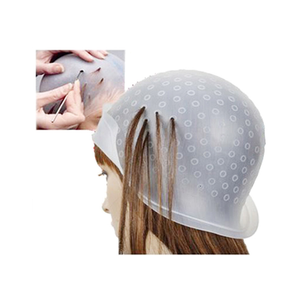 (White) Reusable Silicone Hair Coloring Highlighting Dyeing Cap with Metal Hook Hairdressing Tools