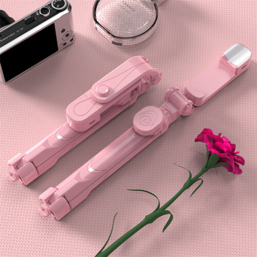 (Pink) Bluetooth Remote Control Selfie Stick with Tripod Fill Light Mobile Phone Live Broadcast Multi-Function Bracket