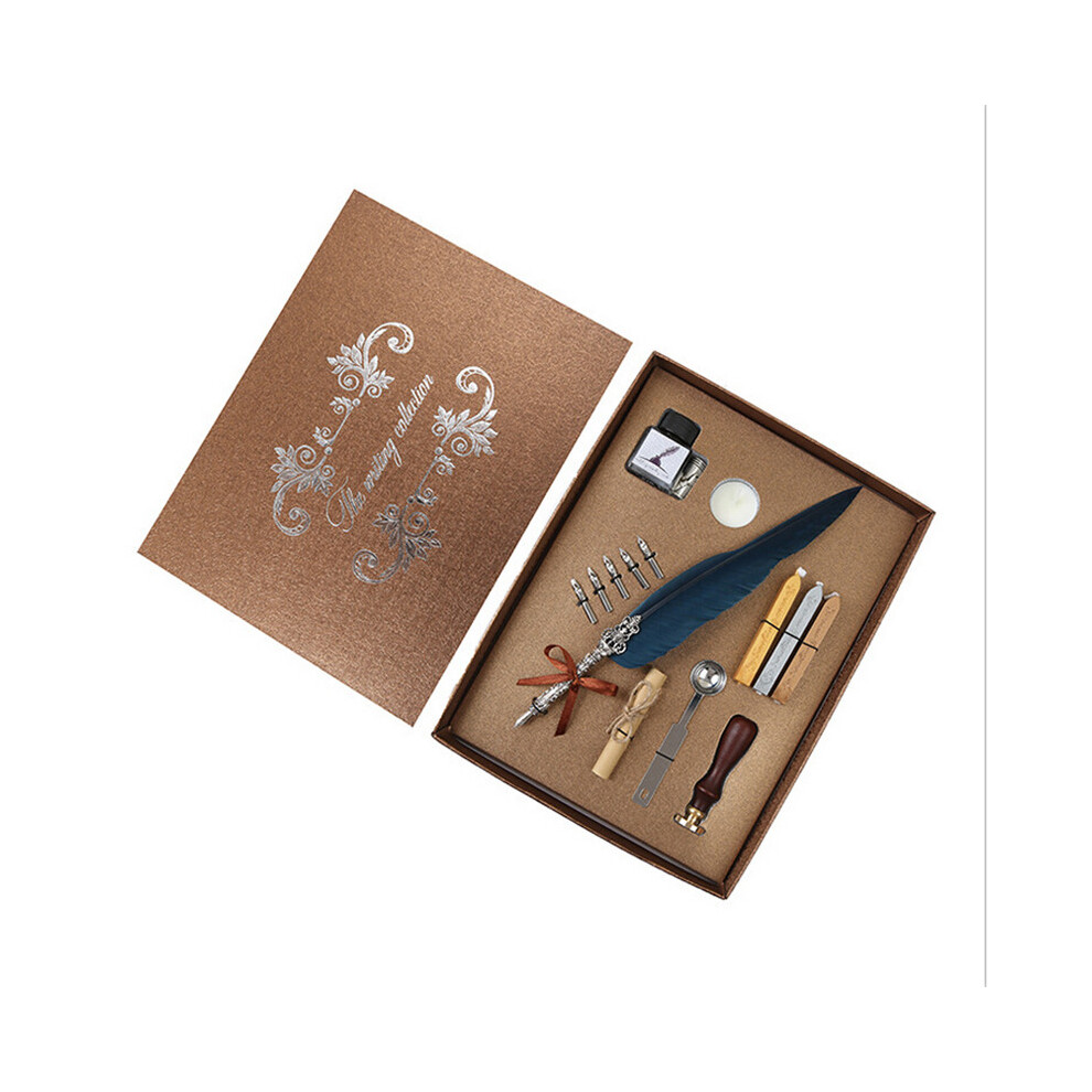 (Navy) Antique Feather Quill Pen Fountain Dip Writing Stationery Sealing Wax Seal Set 413590985310
