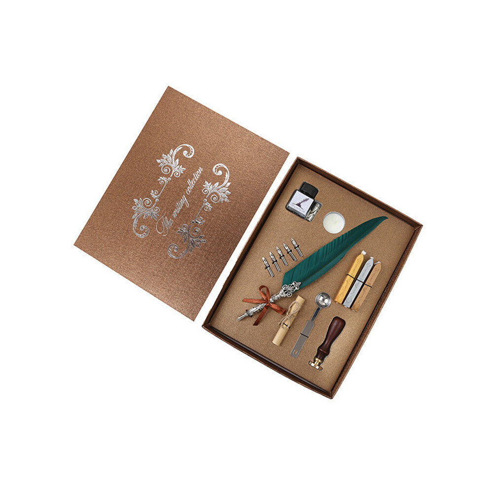 (Dark Green) Retro Seal Wax Spoon Ink Feather Quill Dip Pen Writing Paper Stationery Set 320997738862