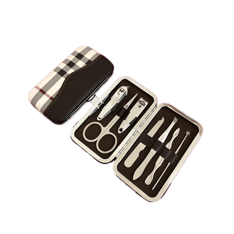 (Brown) 7PCS Nail Clipper File Cutter Cuticle Remover Manicure Grooming Tools Kit