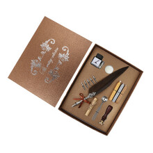 (Brown) Retro Calligraphy Feather Dip Pen Writing Ink Set Quill Pen Fountain Pen with 5 Nib
