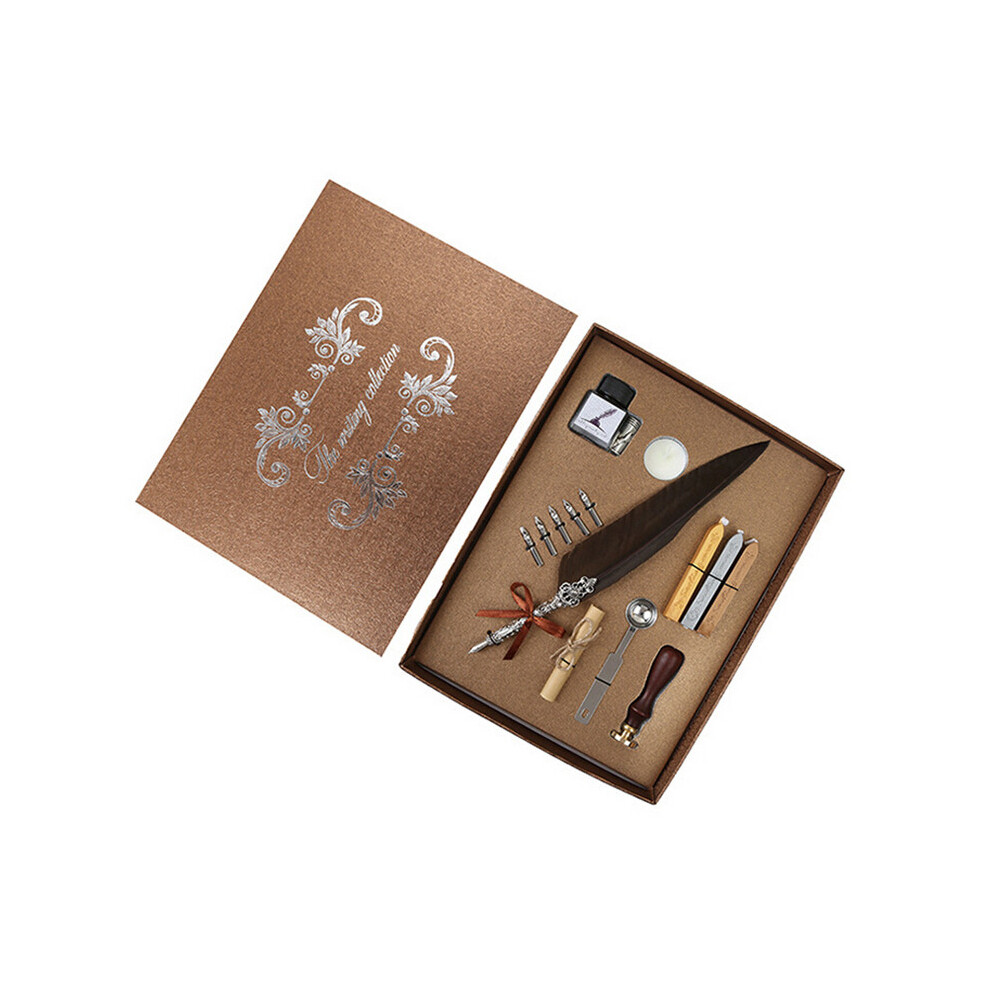 (Brown) Antique Feather Quill Pen Fountain Dip Writing Stationery Sealing Wax Seal Set 413590985341