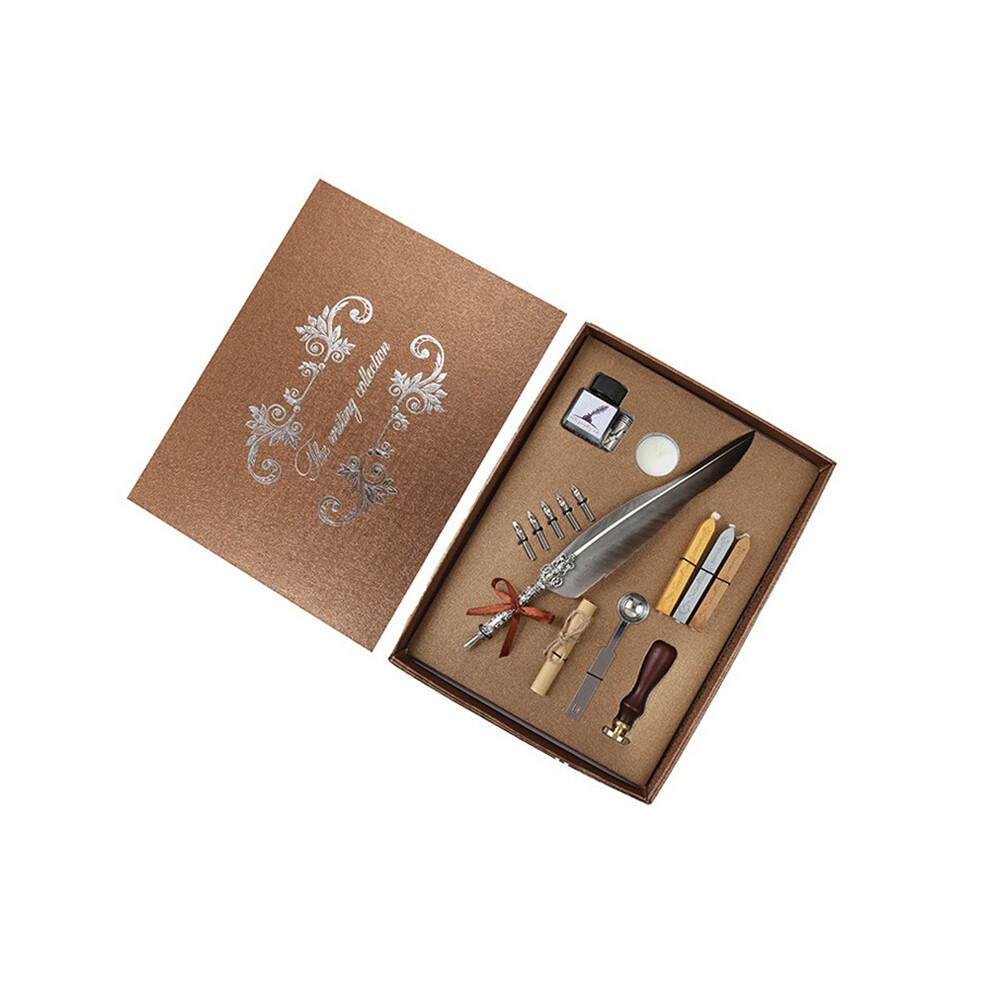 (Gray) Antique Feather Quill Pen Fountain Dip Writing Stationery Sealing Wax Seal Set 413590985334
