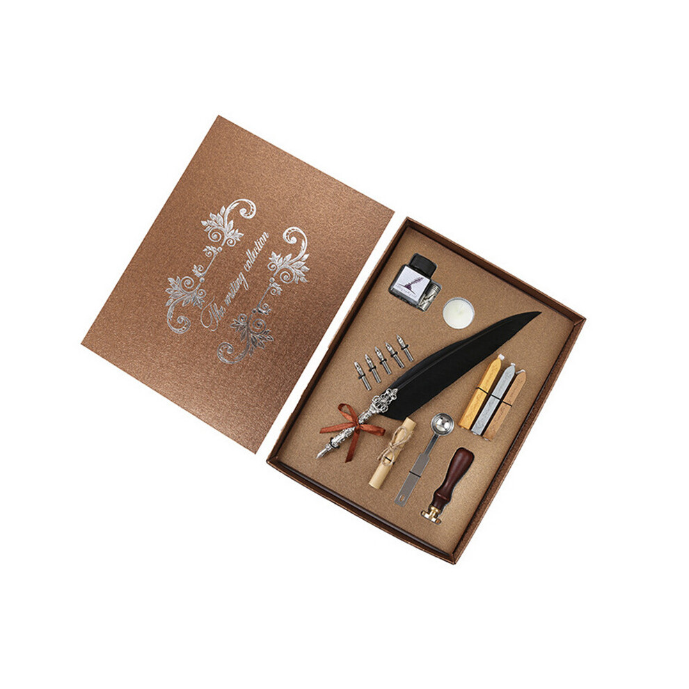 (Black) Retro Seal Wax Spoon Ink Feather Quill Dip Pen Writing Paper Stationery Set 320997738916