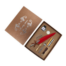 (Big red) Retro Calligraphy Feather Dip Pen Writing Ink Set Quill Pen Fountain Pen with 5 Nib