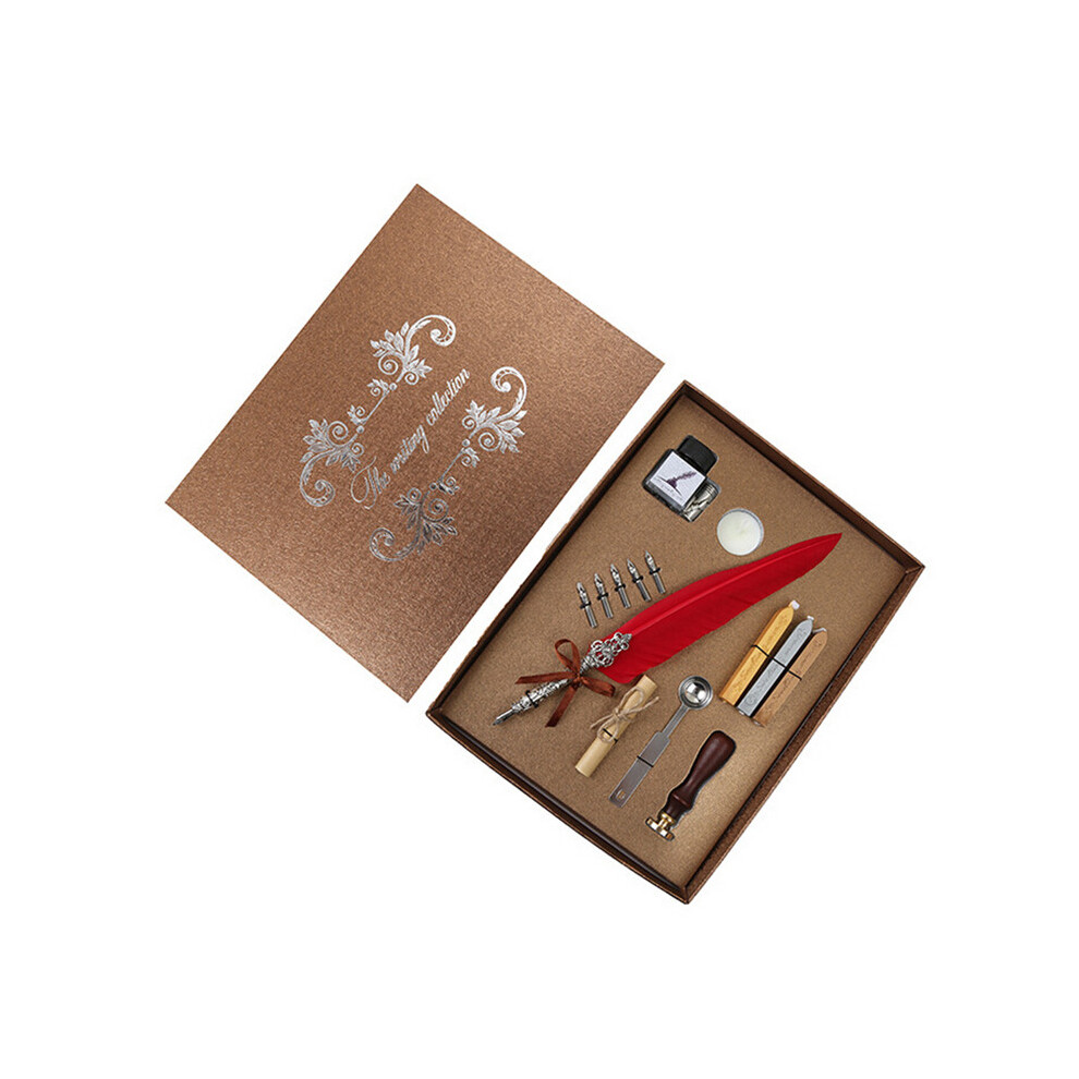 (Big Red) Antique Feather Quill Pen Fountain Dip Writing Stationery Sealing Wax Seal Set 413590985365