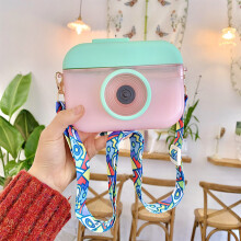 (pink) Cute 400ml Camera Kettle Creative Children Water Bottle with Straw Outdoor Cup