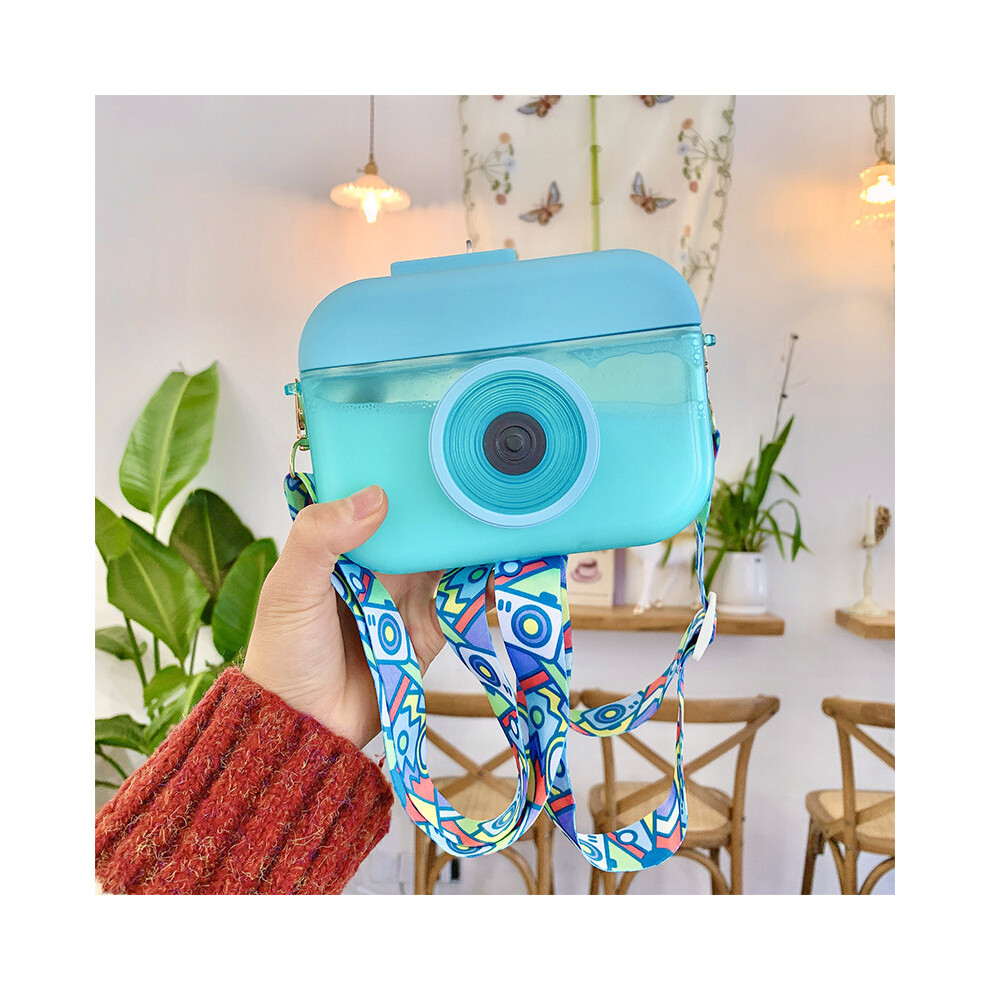 (Blue) 400Ml Cute Camera Creative Kettle Kids Water Bottle With Straw Outdoor Anti Fall Handle Portable Plastic Drinking Water Cup Blue 320997741794