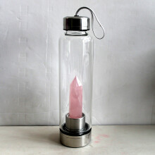 (Pink Quartz) Natural Crystal Point Healing Obelisk Wand Elixir Quartz Crystal Water Bottle