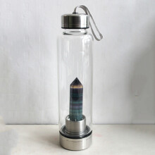 (Colorful Fluorite) Natural Crystal Point Healing Obelisk Wand Elixir Quartz Crystal Water Bottle