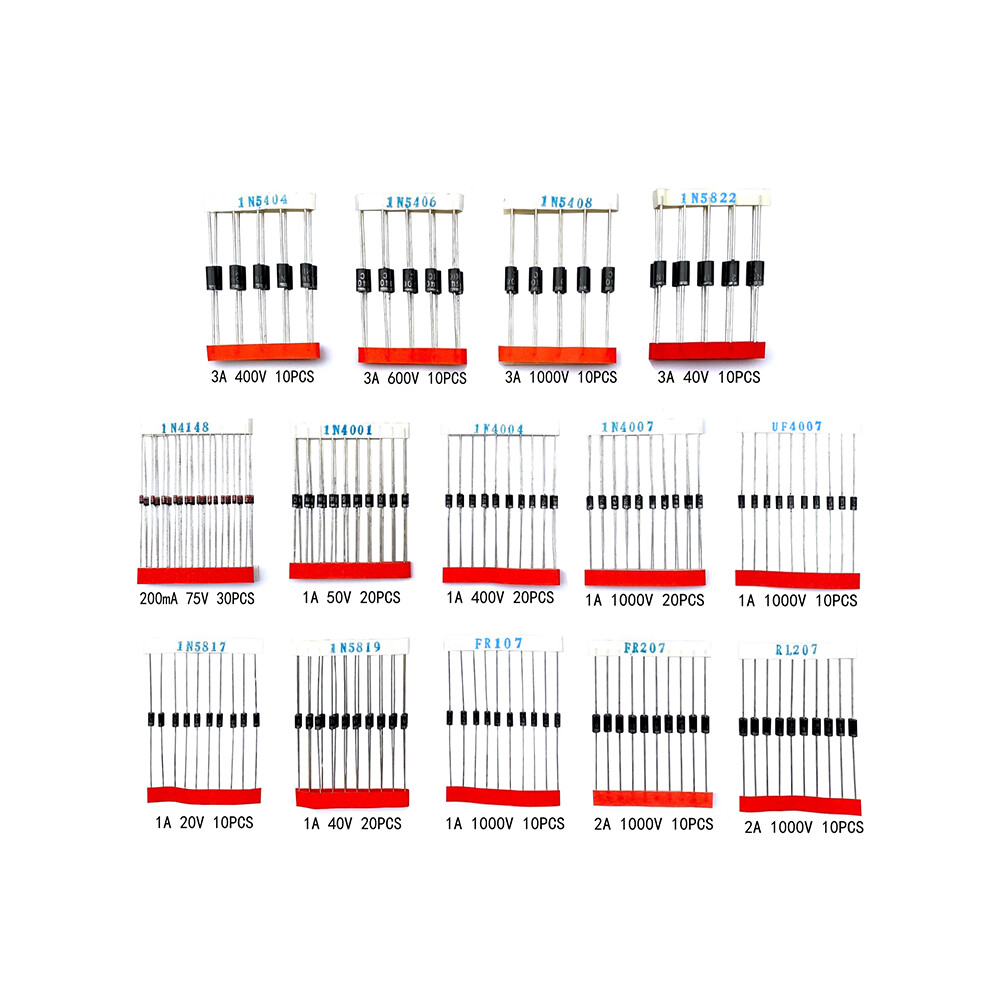 200PCS Fast Switching Schottky Diode Assorted Kit - 1N4001, 1N4004, 1N4007, 1N5408, UF4007, FR207, 1N5817, 1N5819, 1N5822, 1N4148, RL207
