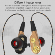 (gold) Heavy Bass Earbuds Headphones Wired HIFI Sound Dual Driver Earphones Headset Mic