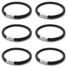 6X Bracelet en Cuir D'Acier Inoxydable,Bracelet en Cuir TressÉ,pour Homme Femme, Noir - Largeur 6mm - Longueur 23cm