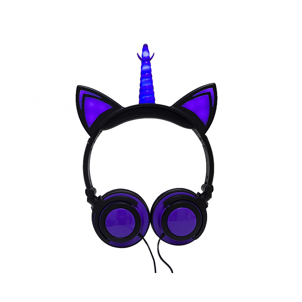 ( Purple) Children's Unicorn Shape Cartoon Luminous Headphones Glowing Cat Ears Headset Black/Purple 110691366061
