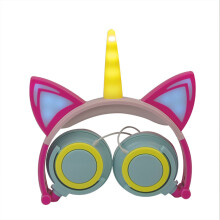 (Right angle) Glowing Unicorn Kids Over-Ear Headphones Cat Ear LED Light Up Wired Foldable Headset