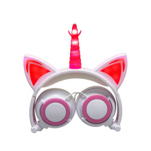 (White pink) Glowing Unicorn Kids Over-Ear Headphones Cat Ear LED Light Up Wired Foldable Headset
