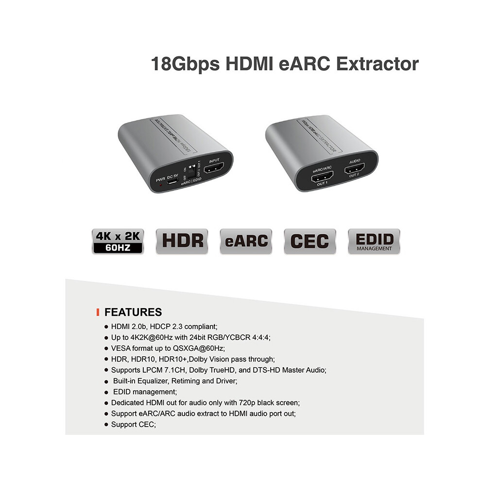 Digital Audio Separator 4K 60Hz 18Gbps Bandwidth Hdmi-Compatible Earc Extractor 110691364180