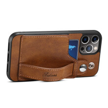 (Brown iPhone14Plus) Card Slot PU Protective Cover Wristband Phone Case For iPhone 14 Pro Max Series