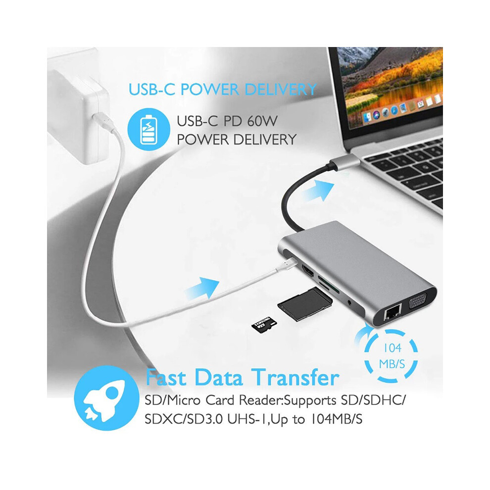 10-in-1 USB 3.1 Type-C Docking Station with HDMI, VGA, PD, Card Reader, and Multiport Adapter