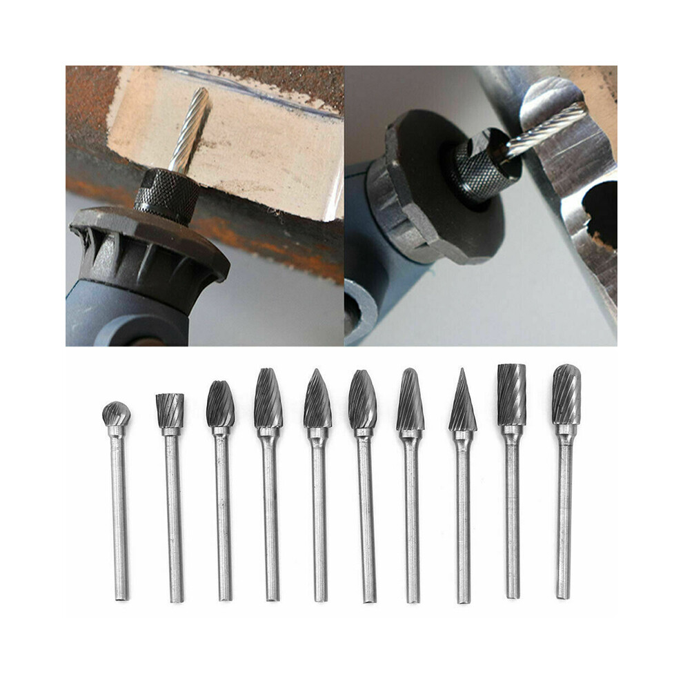 10PCS Solid 1/8" Shank Tungsten Carbide Rotary Files Burrs Set For Electric Drill Die Grinder