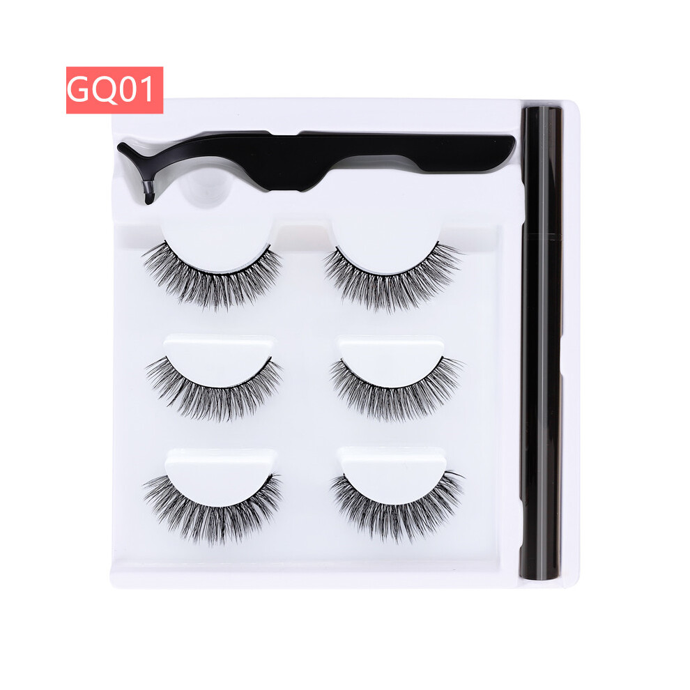 (GQ01) 3 Pair Reusable Magnetic False Eyelashes 3D Natural Lashes Extension w/ Tweezer Eyeliner