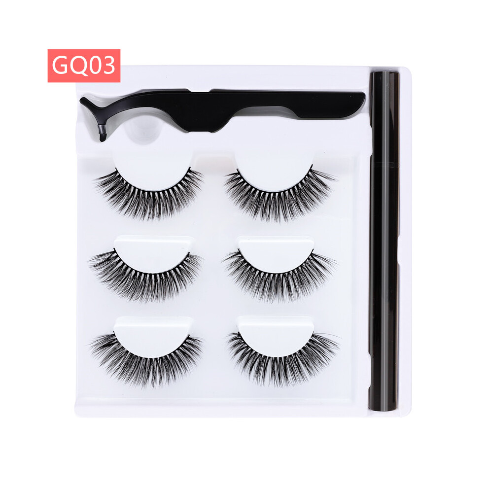 (GQ03) 3 Pair Reusable Magnetic False Eyelashes 3D Natural Lashes Extension w/ Tweezer Eyeliner
