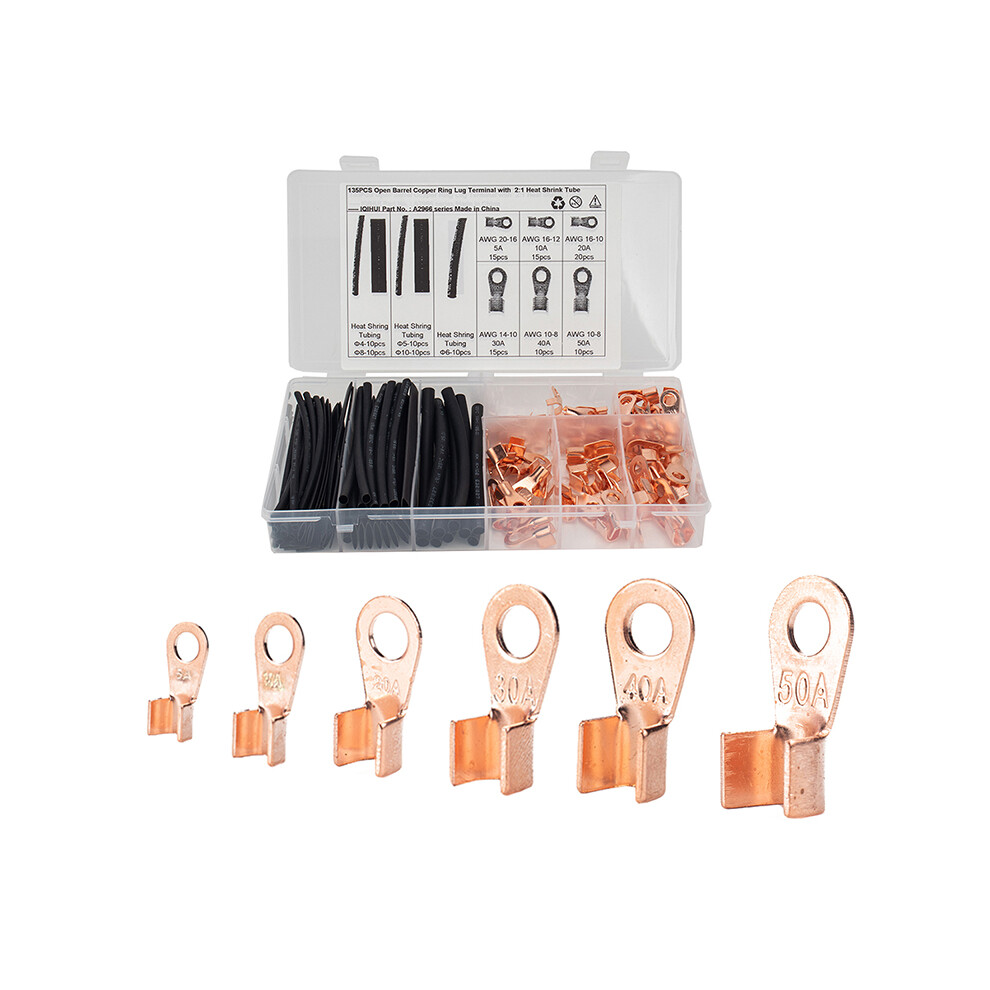 135Pcs Open Barrel Wire Crimp Connectors Copper Ring Lugs Terminal With Heat Shrink Tubing Kit 320997701583
