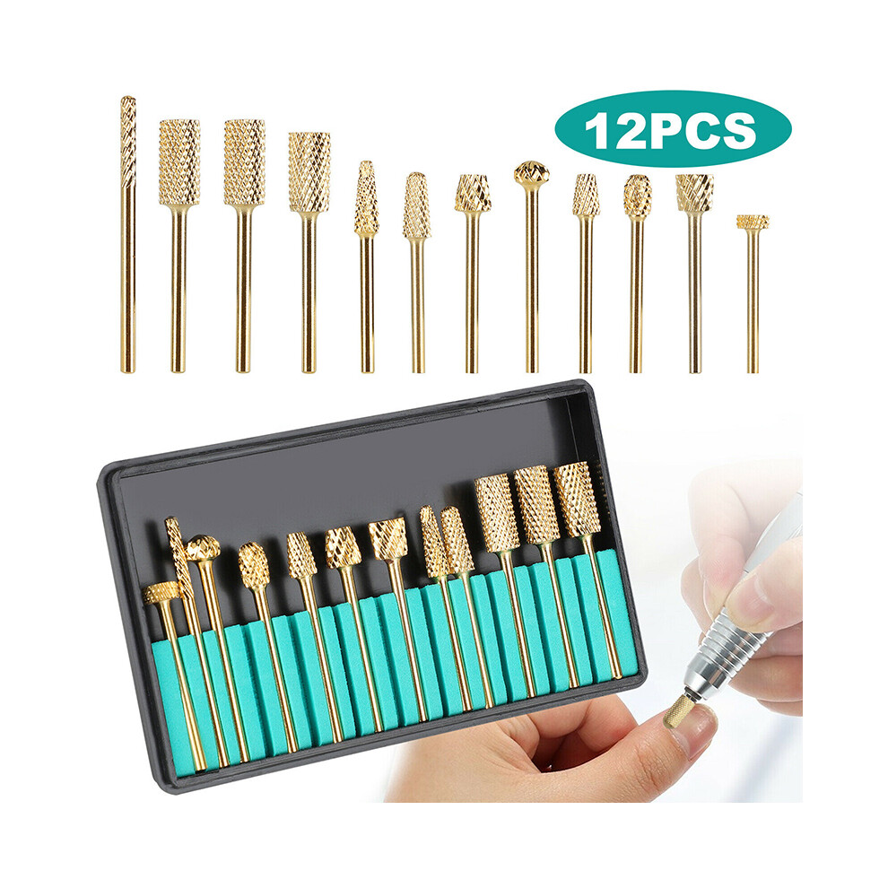 Gold 12Pcs Carbide Nail Drill Bit Set Art File Manicure Machine Pedicure Tool
