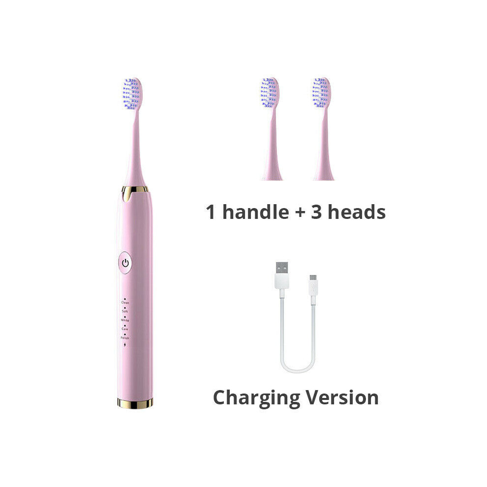 Pink (Rechargeable 3 Brush Head) Rechargeable Sonic Electric Toothbrush 5 Modes With Timer 3 Replacement Heads