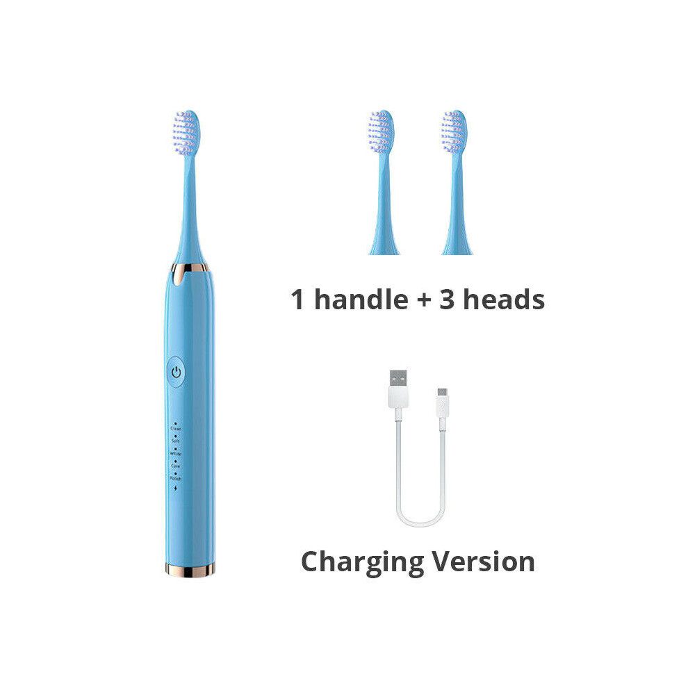 Blue (Rechargeable 3 Brush Head) Rechargeable Sonic Electric Toothbrush 5 Modes With Timer 3 Replacement Heads