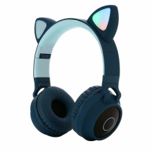 (Blue) Cute Cat Ear Bluetooth 5.0 Headphones Foldable On-Ear Stereo Wireless Headset