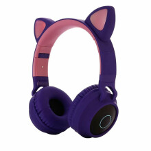 (Purple) Cute Cat Ear Bluetooth 5.0 Headphones Foldable On-Ear Stereo Wireless Headset