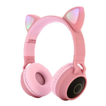 (Pink) Cute Cat Ear Bluetooth 5.0 Headphones Foldable On-Ear Stereo Wireless Headset