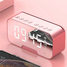 (pink) Portable LED Mirror Digital Alarm Clock Wireless Bluetooth Speakers MP3 FM Radio