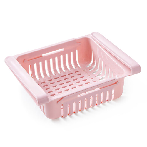 (Pink) Stretchable Refrigerator Organizer Drawer Basket Fresh Spacer Layer Storage Rack