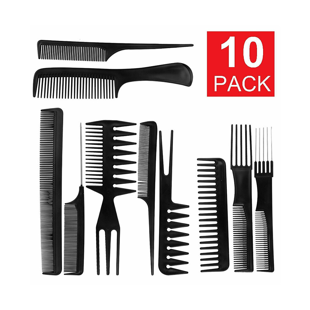 Unisex Black 10Pcs Salon Hair Styling Hairdressing Plastic Barbers Brush Combs Set