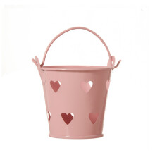 (Pink) Metal Iron Bucket Flower Pot Heart-Shape Hollow Out Balcony Garden Planter Holder