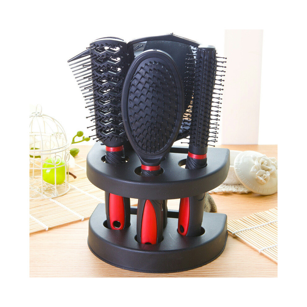 Unisex Red (Red) 5Pcs Comb Mirror Set Anti-Static Salon Hair Styling Brush With Stand Holder