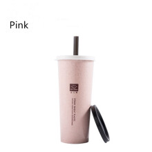 (Pink) Portable Wheat Straw Water Cup with Straws Double Lid Plastic Travel Coffee Drink Mug Home Office