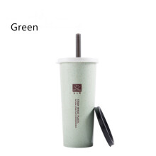 (Green) Portable Wheat Straw Water Cup with Straws Double Lid Plastic Travel Coffee Drink Mug Home Office