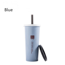 (Blue) Portable Wheat Straw Water Cup with Straws Double Lid Plastic Travel Coffee Drink Mug Home Office