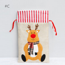 (#C) Christmas Santa Claus Elk Candy Gift Bag Storage Xmas Linen Pouch with Drawstring