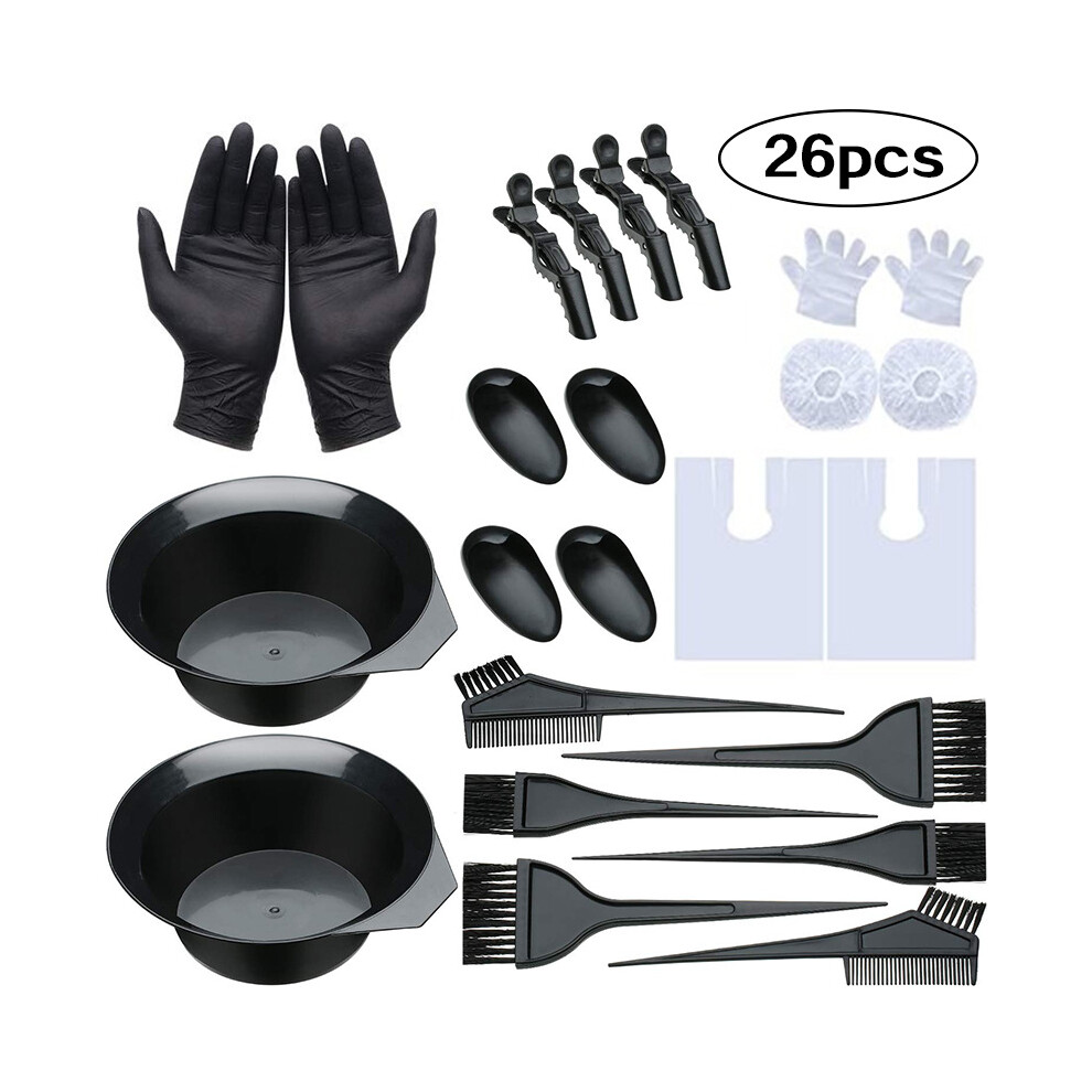 26PCS Hair Dyeing Coloring Kit Hairdressing Tools Comb Brush Disposable Shower Cap Latex Gloves Tinting Bowl