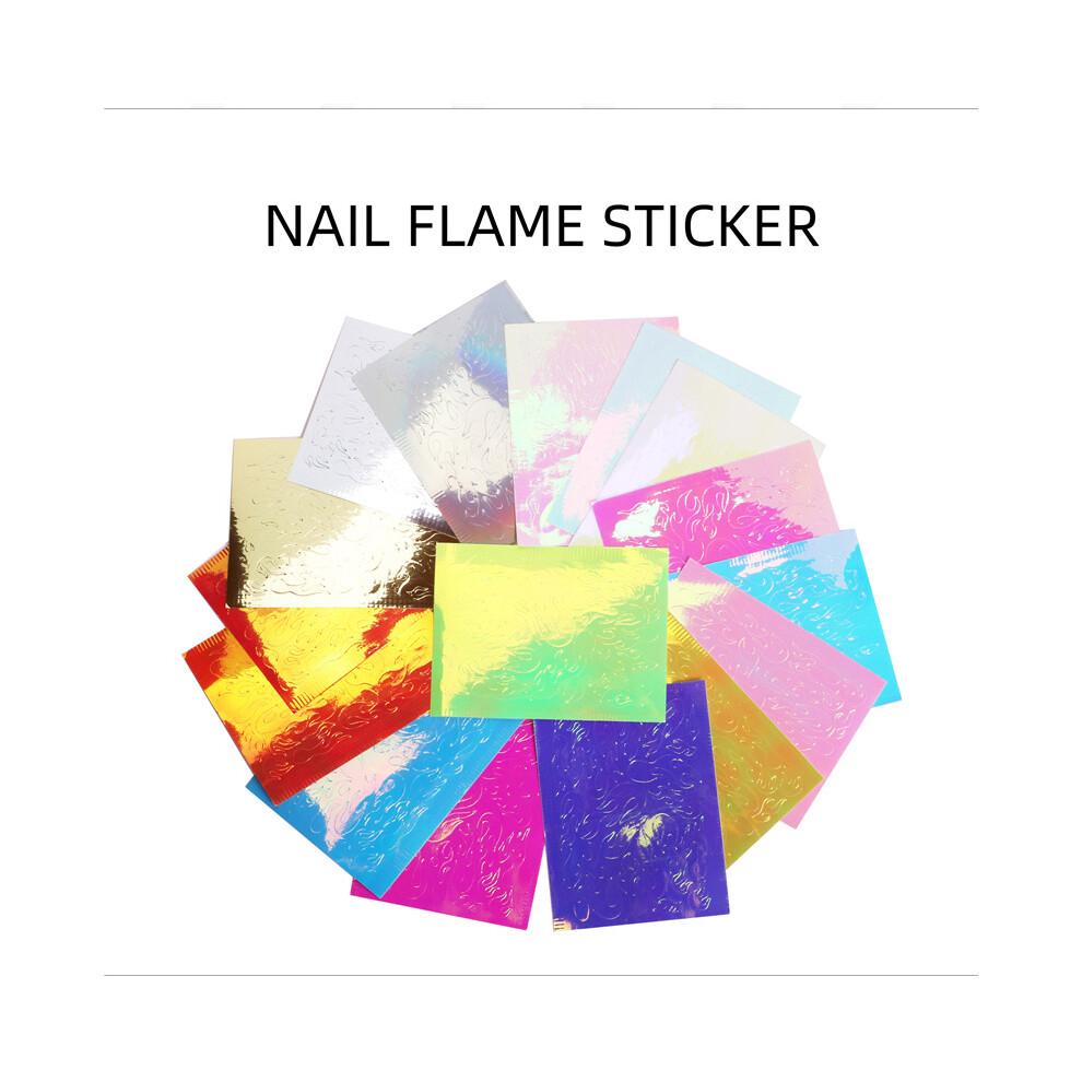(Flame) 16PCS Holographic Fire Flame Hollow Nail Art Manicure Stickers with Adhesive