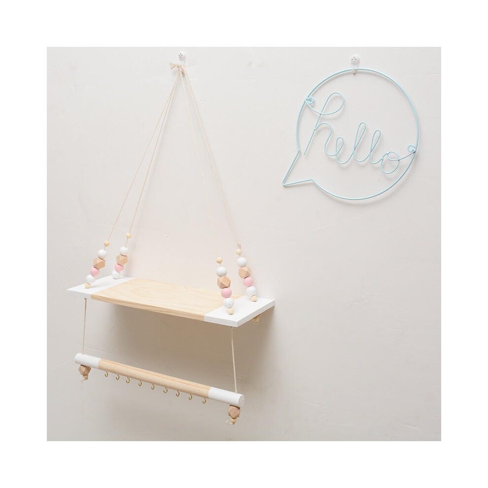 (White) INS Wooden Wall Hanging Rope Swing Shelf Tray Beads Rack Nursery Bedroom Home Decor