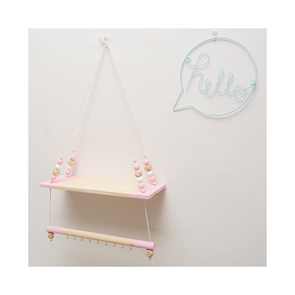 (Pink) INS Wooden Wall Hanging Rope Swing Shelf Tray Beads Rack Nursery Bedroom Home Decor