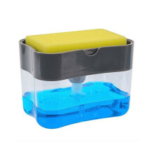 (Gray) 2 In 1 Kitchen Liquid Soap Pump Dispenser ABS Sponge Holder Press Countertop Rack